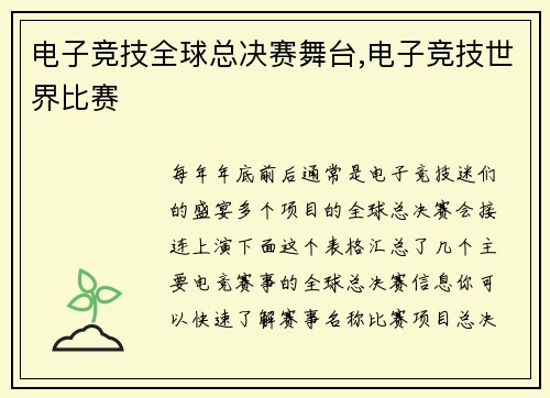 电子竞技全球总决赛舞台,电子竞技世界比赛